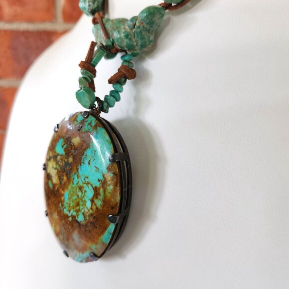 Rustic Turquoise Nugget Necklace With Large Oval Stone Pendant & Leather Cord - Picture 8 of 14